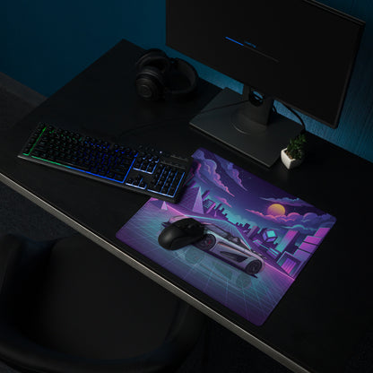Koenigsegg Regera Inspired Silver Purple Vaporwave Gaming Mouse Pad – Neon Cyber City Desk Mat, Retro Futuristic Synthwave Hypercar Digital Artwork