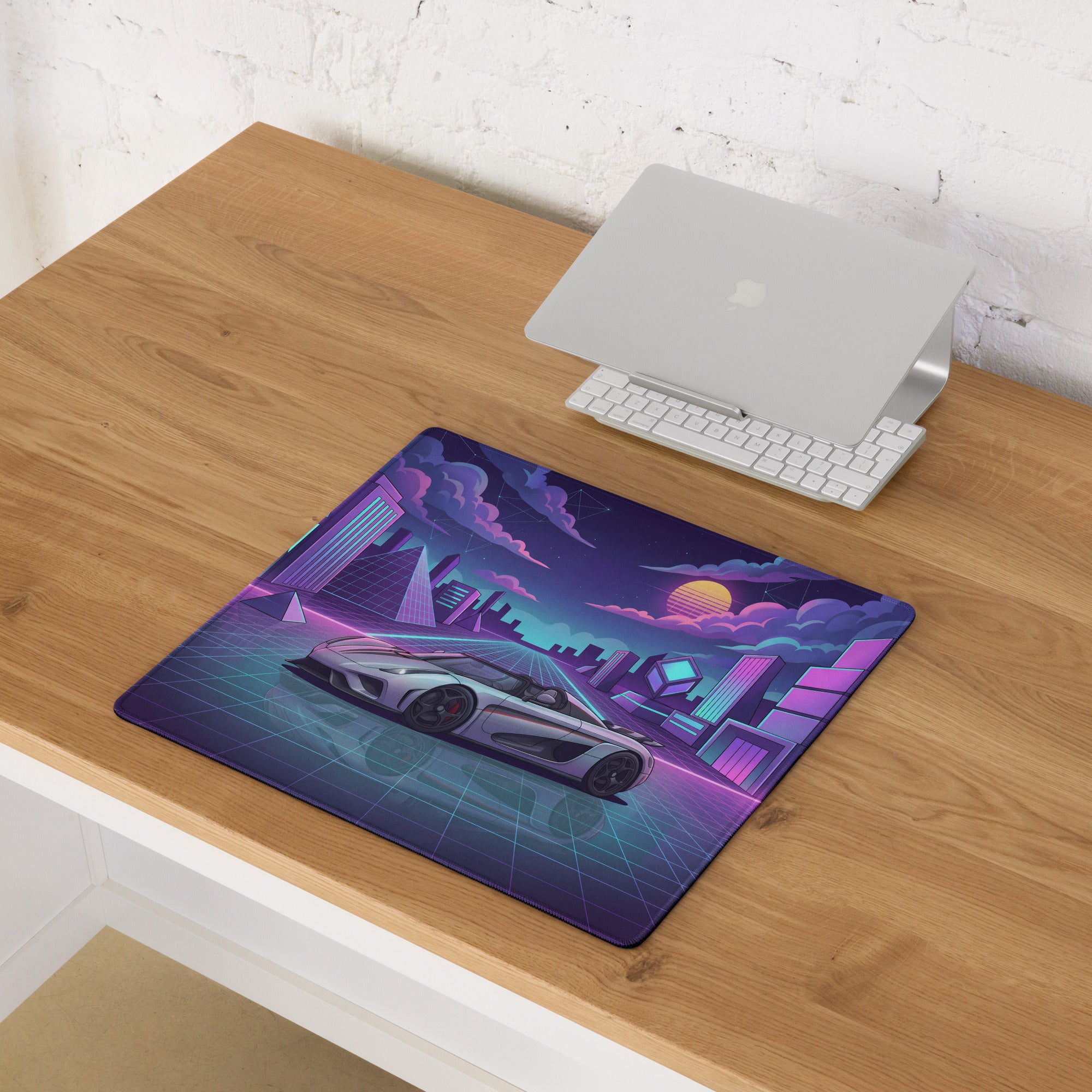 Koenigsegg Regera Inspired Silver Purple Vaporwave Gaming Mouse Pad – Neon Cyber City Desk Mat, Retro Futuristic Synthwave Hypercar Digital Artwork
