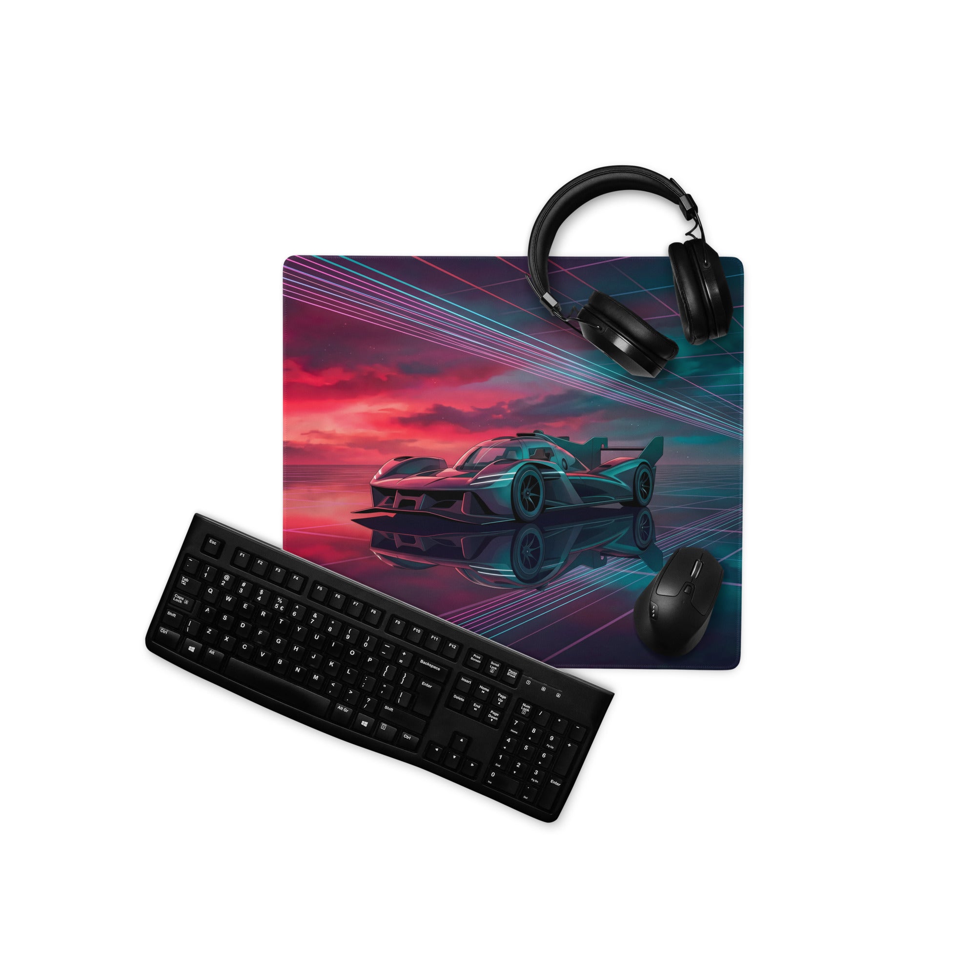 Genesis GMR-001 Inspired Teal Red Vaporwave Gaming Mouse Pad – Neon Grid Raceway Desk Mat, Futuristic Hypercar Digital Artwork