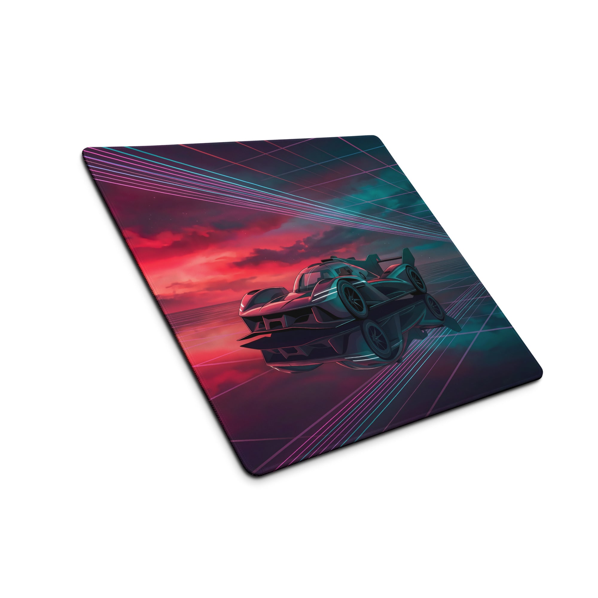 Genesis GMR-001 Inspired Teal Red Vaporwave Gaming Mouse Pad – Neon Grid Raceway Desk Mat, Futuristic Hypercar Digital Artwork