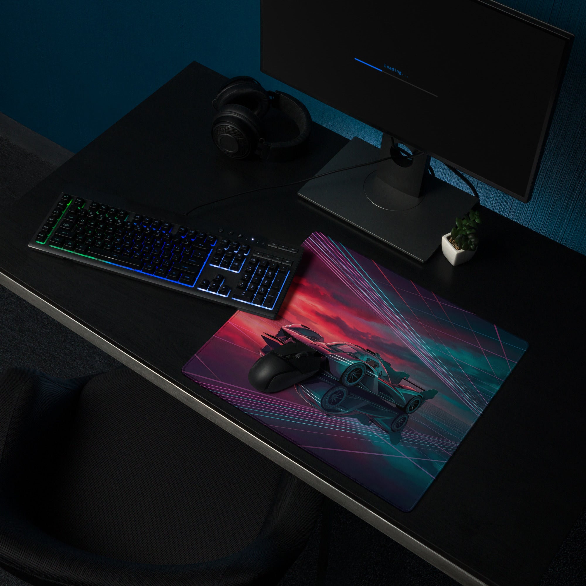 Genesis GMR-001 Inspired Teal Red Vaporwave Gaming Mouse Pad – Neon Grid Raceway Desk Mat, Futuristic Hypercar Digital Artwork