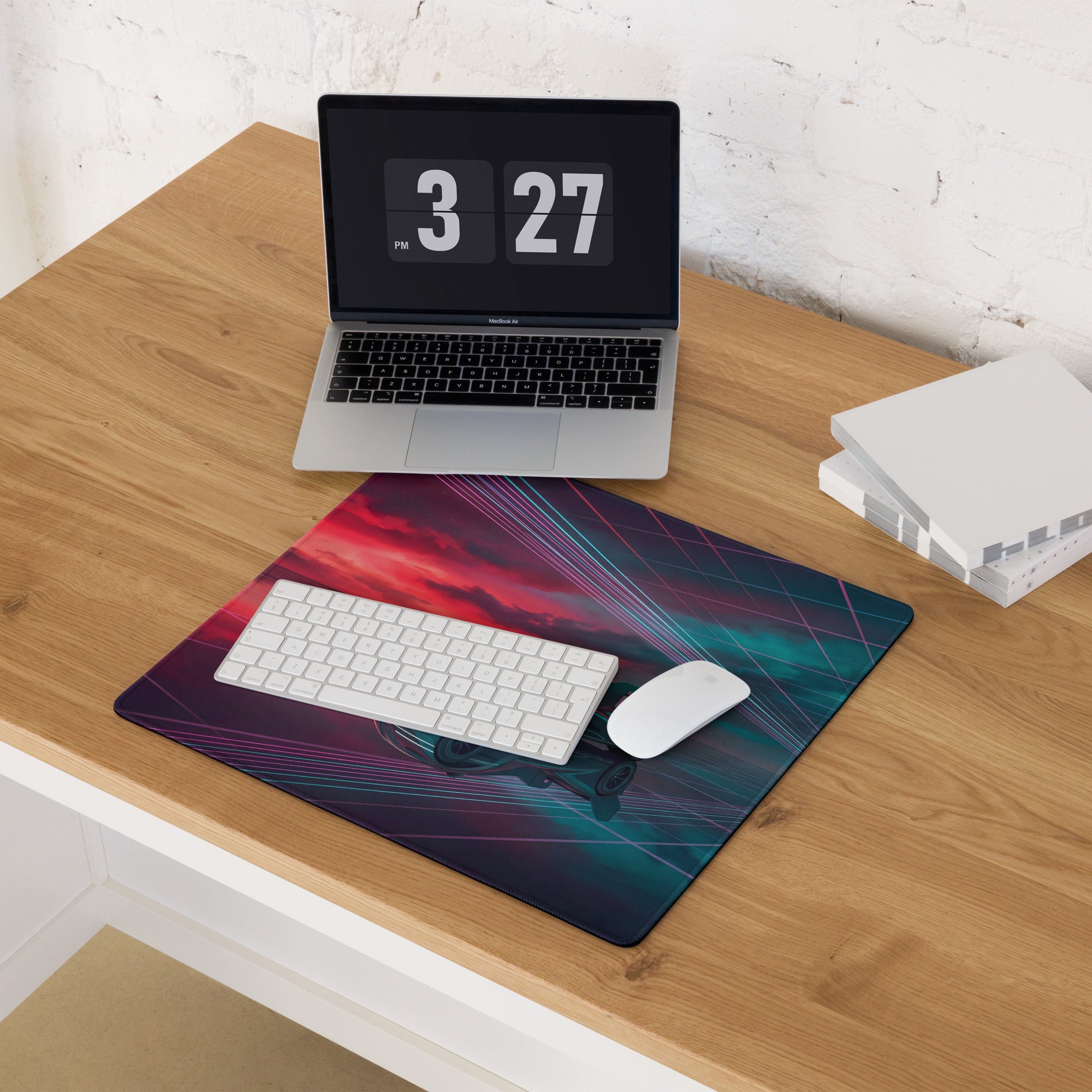Genesis GMR-001 Inspired Teal Red Vaporwave Gaming Mouse Pad – Neon Grid Raceway Desk Mat, Futuristic Hypercar Digital Artwork