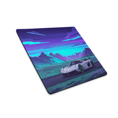 Koenigsegg Jesko Attack Inspired White Cyan Vaporwave Gaming Mouse Pad – Neon Mountain Road Desk Mat, Retro Futuristic Hypercar Digital Artwork