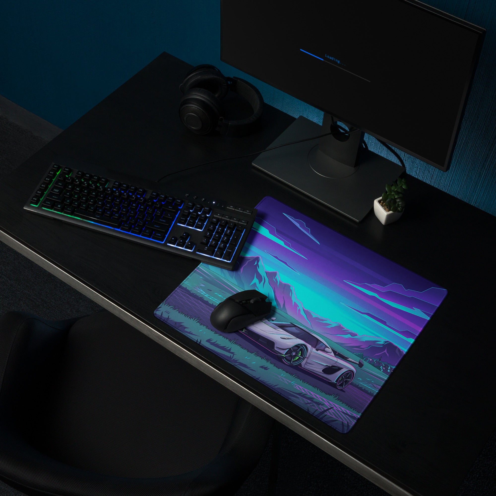 Koenigsegg Jesko Attack Inspired White Cyan Vaporwave Gaming Mouse Pad – Neon Mountain Road Desk Mat, Retro Futuristic Hypercar Digital Artwork