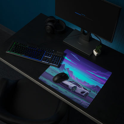 Koenigsegg Jesko Attack Inspired White Cyan Vaporwave Gaming Mouse Pad – Neon Mountain Road Desk Mat, Retro Futuristic Hypercar Digital Artwork