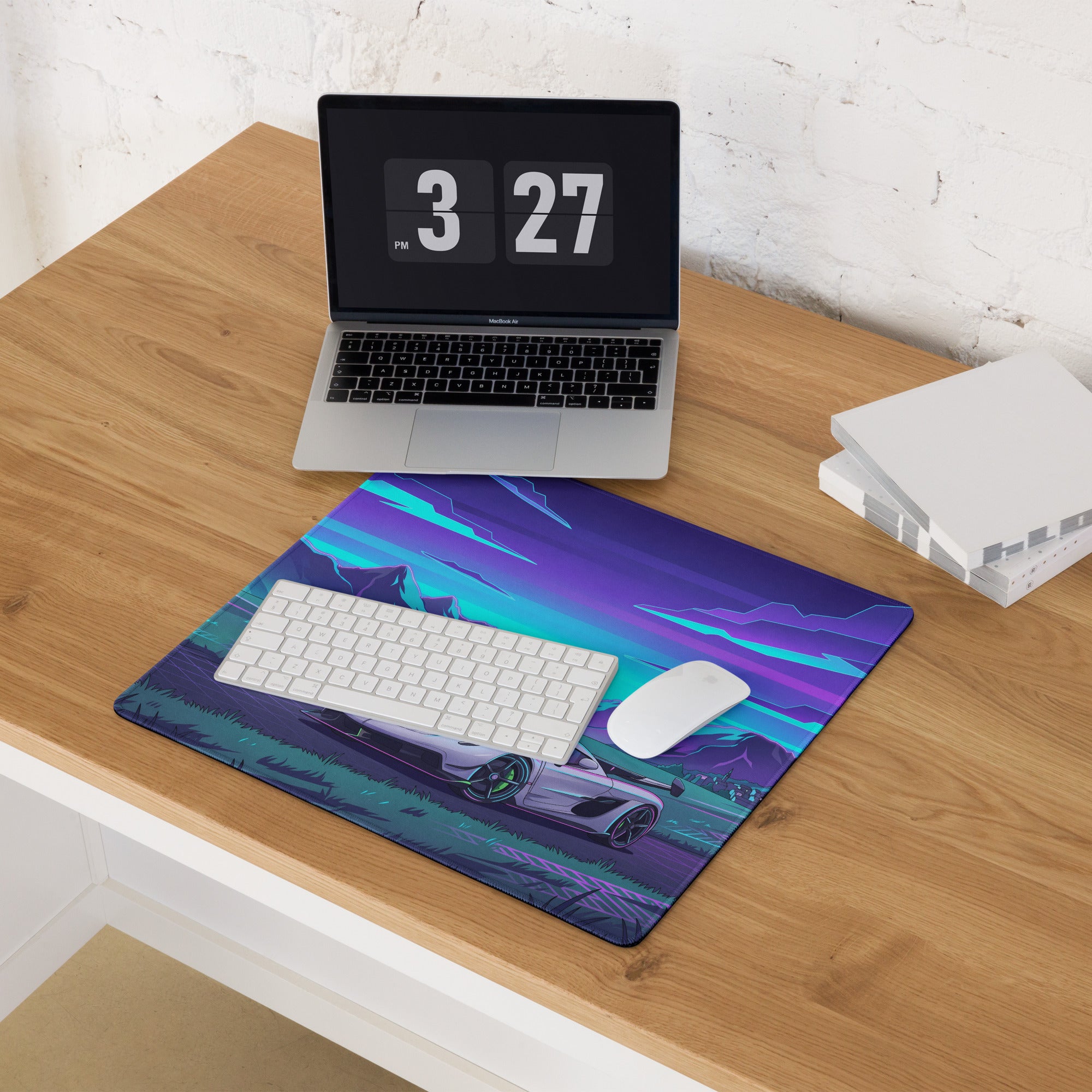 Koenigsegg Jesko Attack Inspired White Cyan Vaporwave Gaming Mouse Pad – Neon Mountain Road Desk Mat, Retro Futuristic Hypercar Digital Artwork