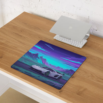 Koenigsegg Jesko Attack Inspired White Cyan Vaporwave Gaming Mouse Pad – Neon Mountain Road Desk Mat, Retro Futuristic Hypercar Digital Artwork