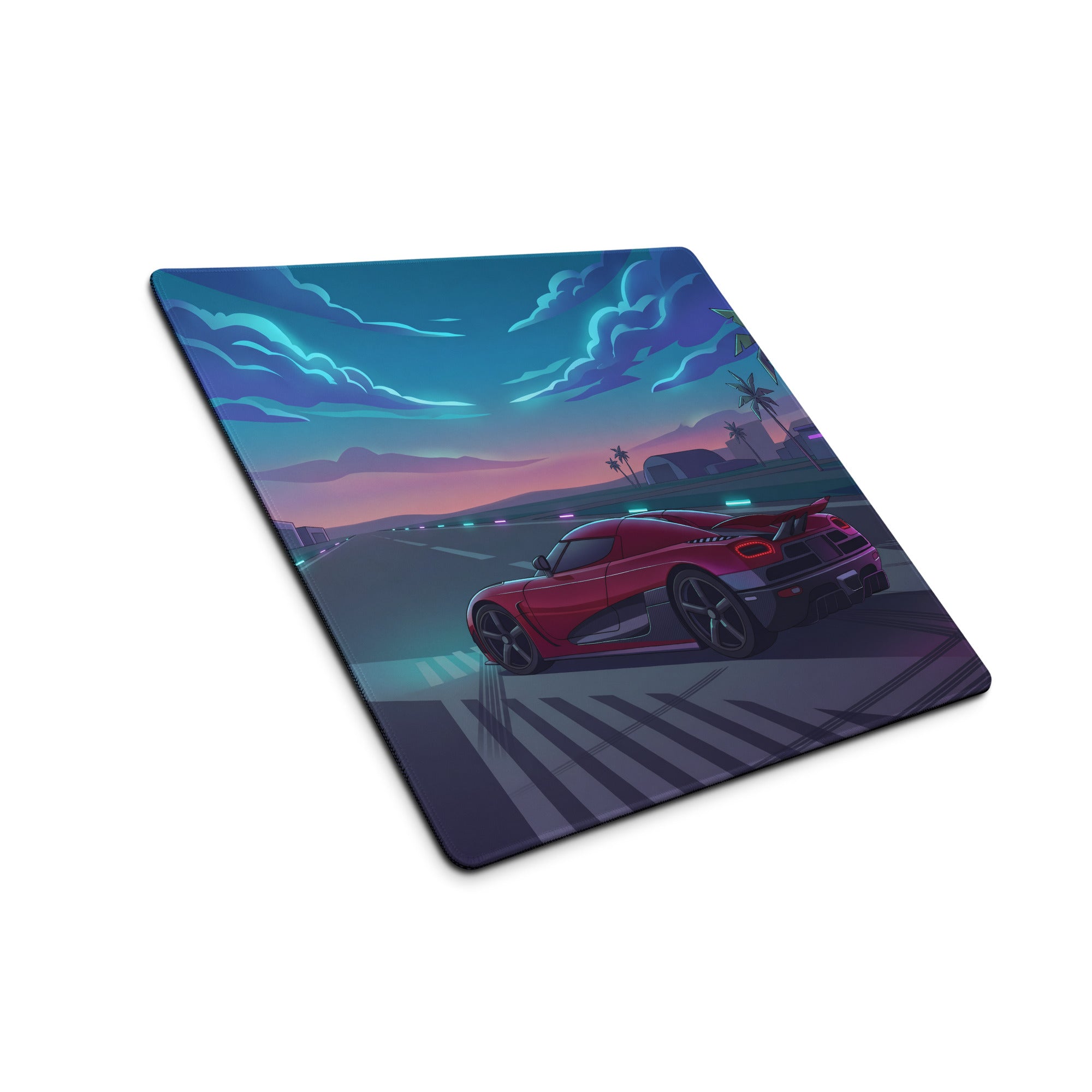 Koenigsegg Agera Inspired Red Cyan Vaporwave Gaming Mouse Pad – Neon Airport Runway Desk Mat, Retro Futuristic Hypercar Digital Artwork