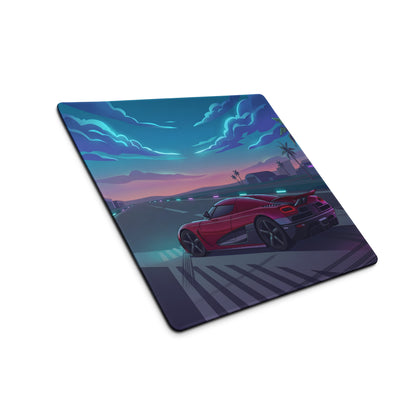 Koenigsegg Agera Inspired Red Cyan Vaporwave Gaming Mouse Pad – Neon Airport Runway Desk Mat, Retro Futuristic Hypercar Digital Artwork