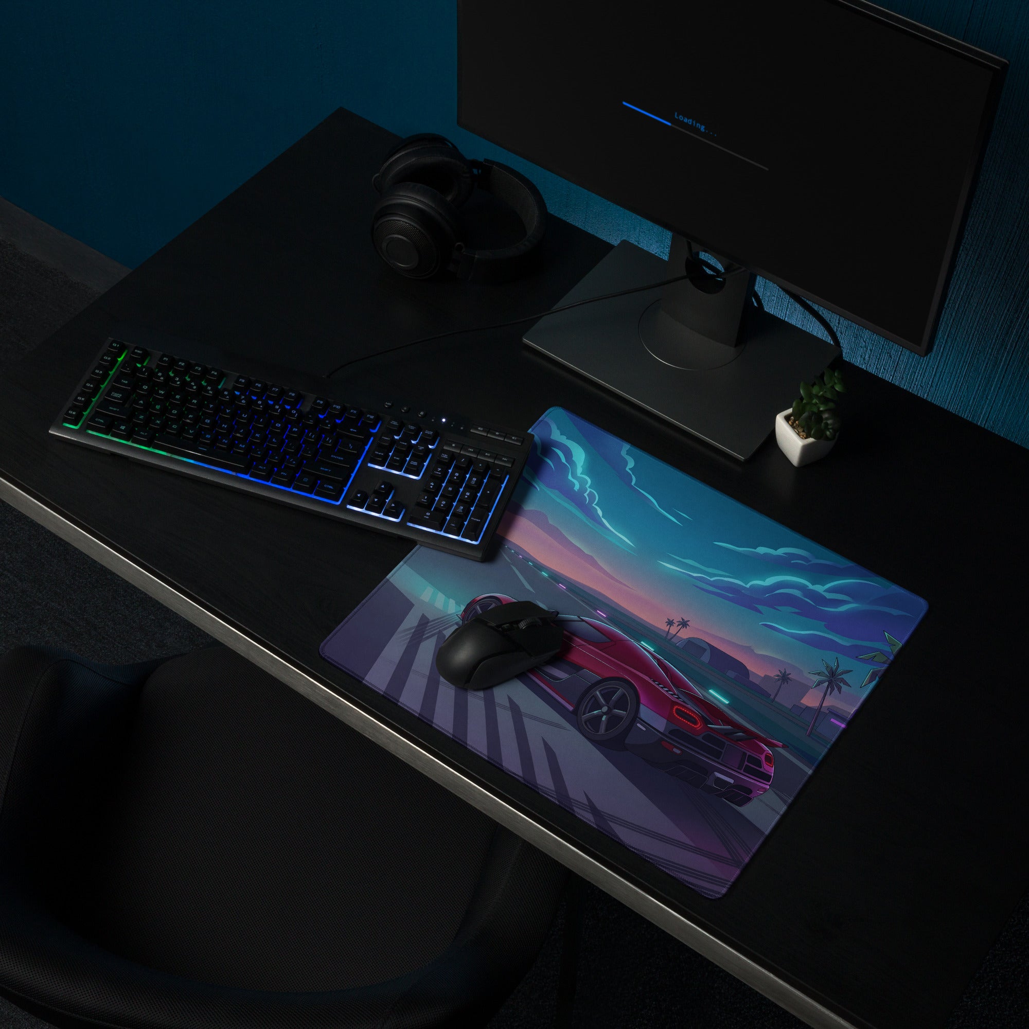 Koenigsegg Agera Inspired Red Cyan Vaporwave Gaming Mouse Pad – Neon Airport Runway Desk Mat, Retro Futuristic Hypercar Digital Artwork