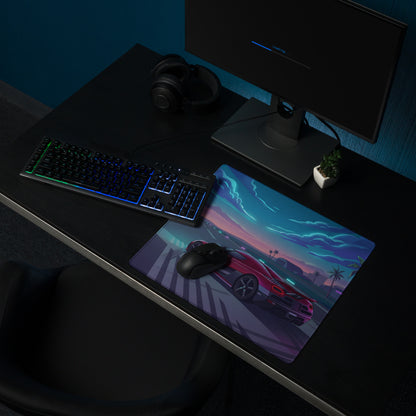 Koenigsegg Agera Inspired Red Cyan Vaporwave Gaming Mouse Pad – Neon Airport Runway Desk Mat, Retro Futuristic Hypercar Digital Artwork