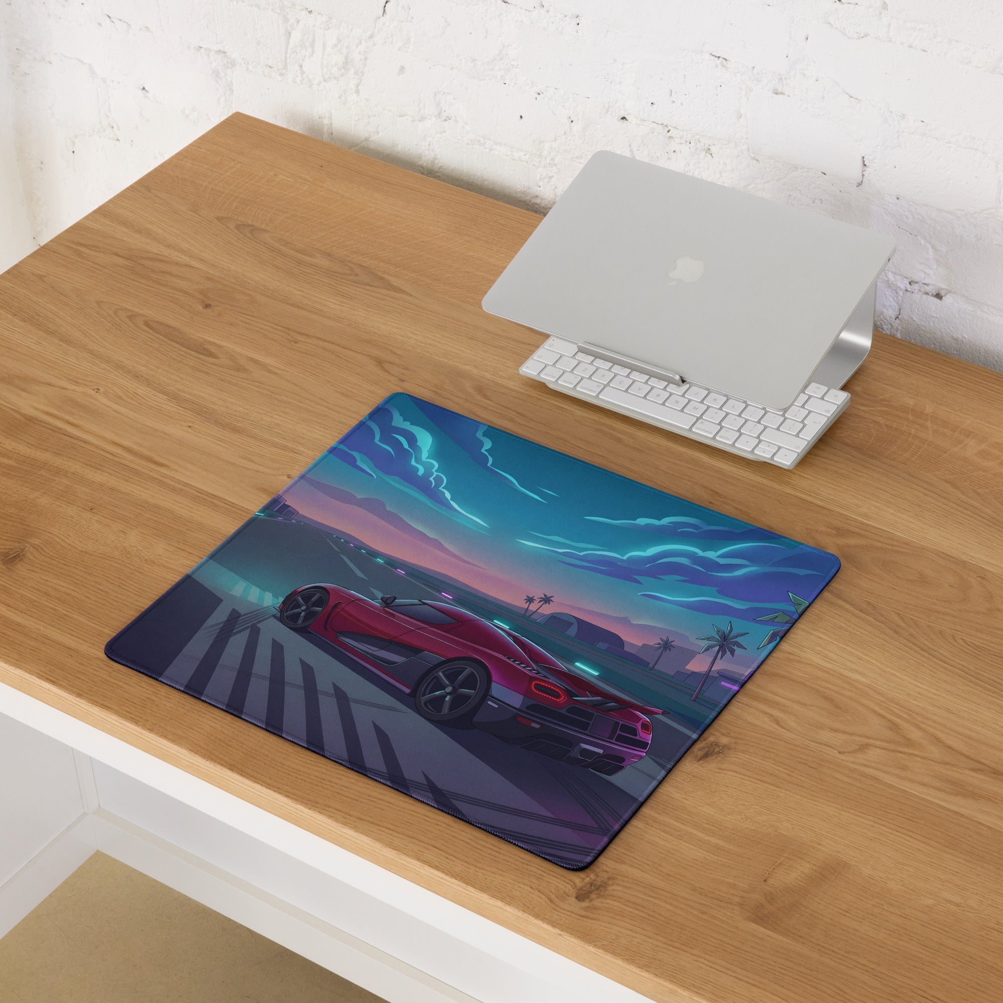 Koenigsegg Agera Inspired Red Cyan Vaporwave Gaming Mouse Pad – Neon Airport Runway Desk Mat, Retro Futuristic Hypercar Digital Artwork