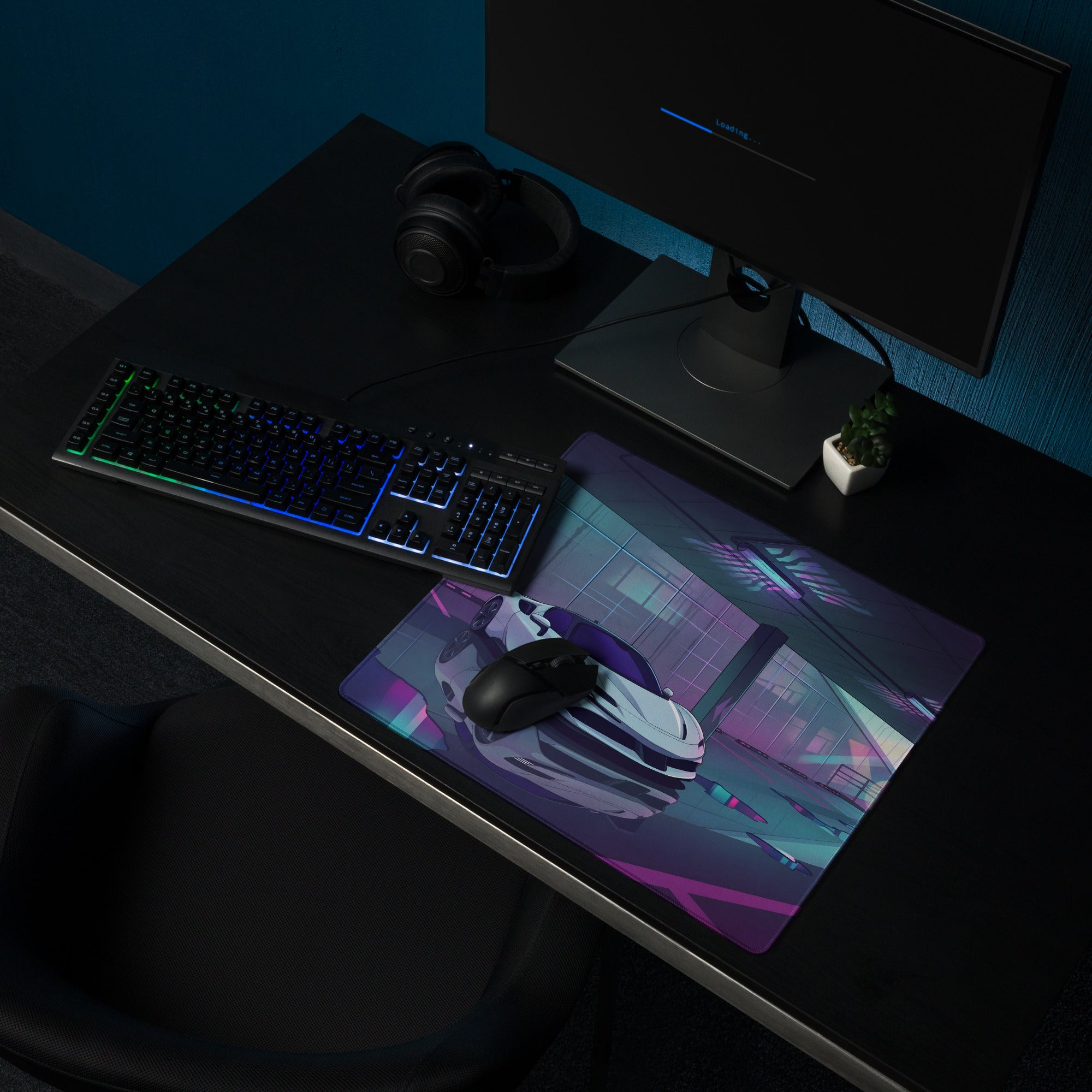 Ferrari SF90 Stradale Inspired White Purple Vaporwave Gaming Mouse Pad – Neon Parking Garage Desk Mat, Futuristic Synthwave Supercar Digital Artwork
