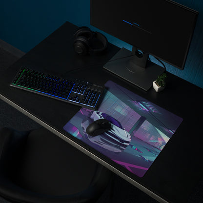 Ferrari SF90 Stradale Inspired White Purple Vaporwave Gaming Mouse Pad – Neon Parking Garage Desk Mat, Futuristic Synthwave Supercar Digital Artwork