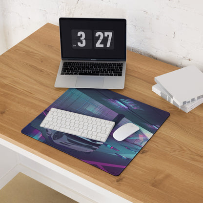 Ferrari SF90 Stradale Inspired White Purple Vaporwave Gaming Mouse Pad – Neon Parking Garage Desk Mat, Futuristic Synthwave Supercar Digital Artwork