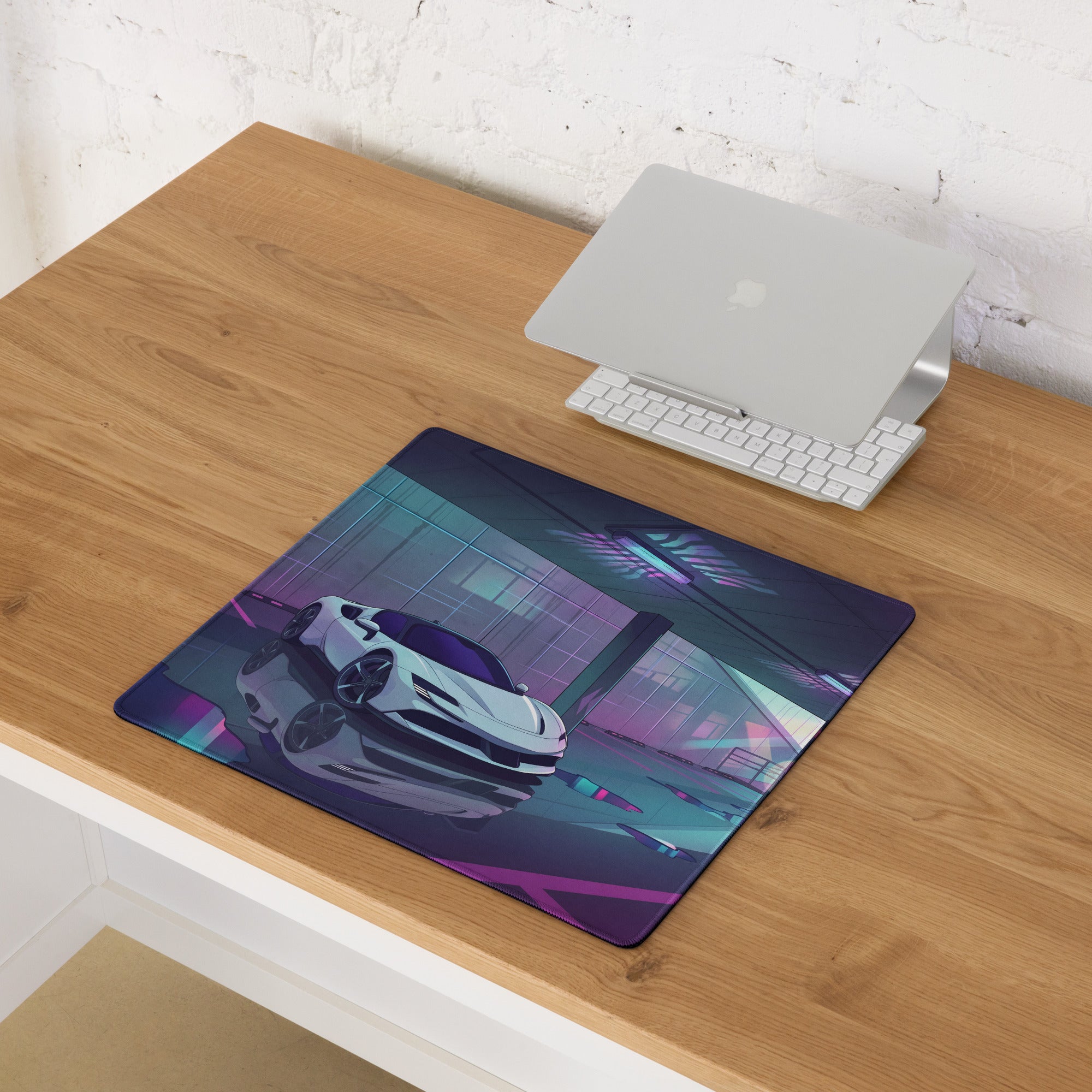 Ferrari SF90 Stradale Inspired White Purple Vaporwave Gaming Mouse Pad – Neon Parking Garage Desk Mat, Futuristic Synthwave Supercar Digital Artwork