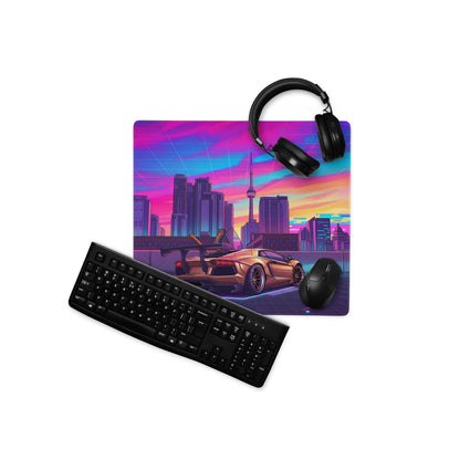 Lamborghini Aventador Widebody Inspired Bronze Vaporwave Gaming Mouse Pad – Neon Toronto Skyline Desk Mat, Retro Futuristic Synthwave Supercar Art