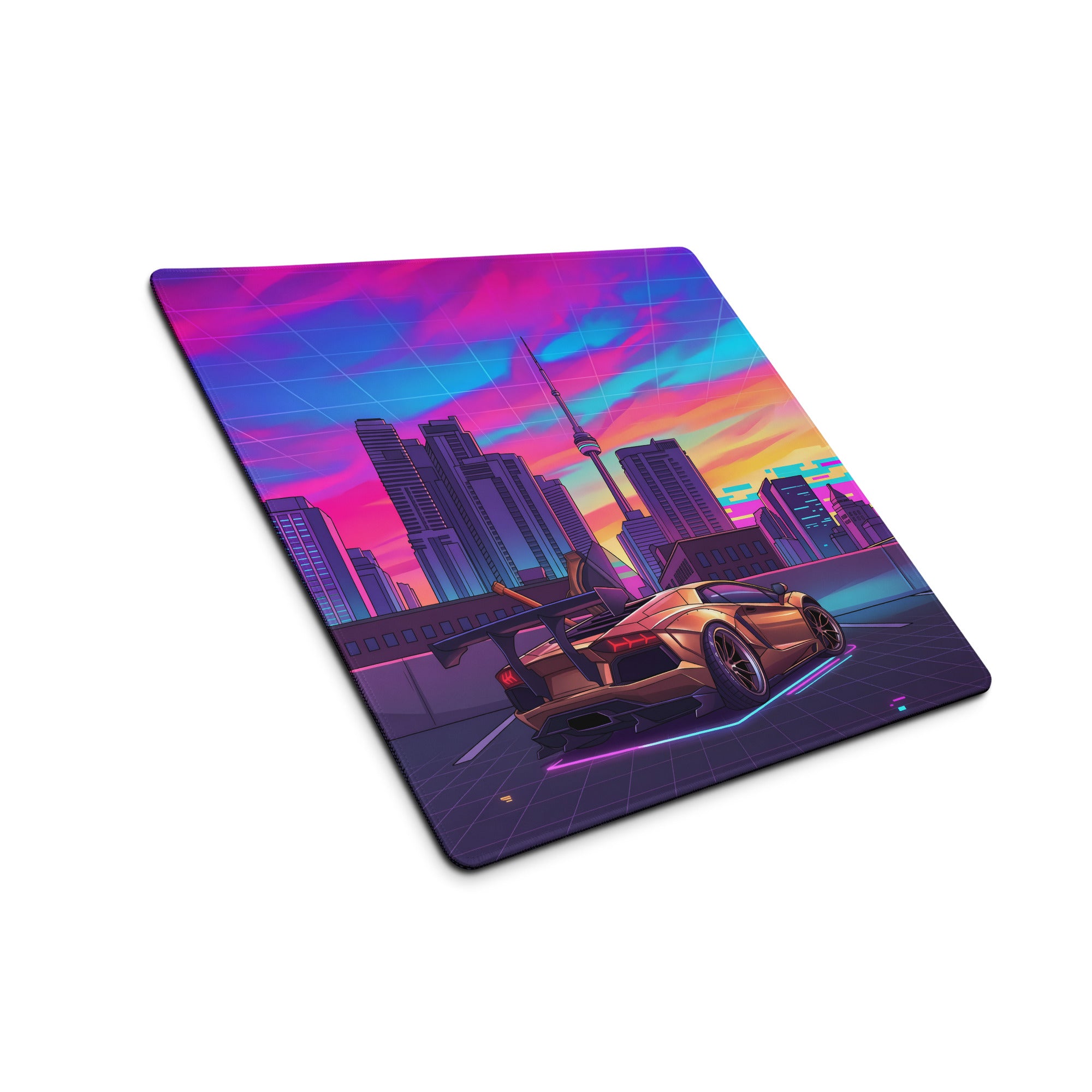 Lamborghini Aventador Widebody Inspired Bronze Vaporwave Gaming Mouse Pad – Neon Toronto Skyline Desk Mat, Retro Futuristic Synthwave Supercar Art