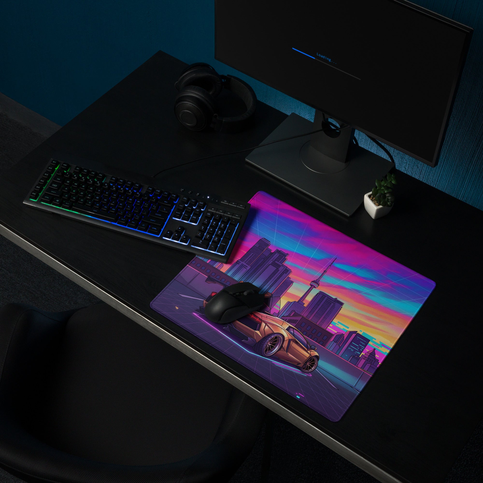 Lamborghini Aventador Widebody Inspired Bronze Vaporwave Gaming Mouse Pad – Neon Toronto Skyline Desk Mat, Retro Futuristic Synthwave Supercar Art