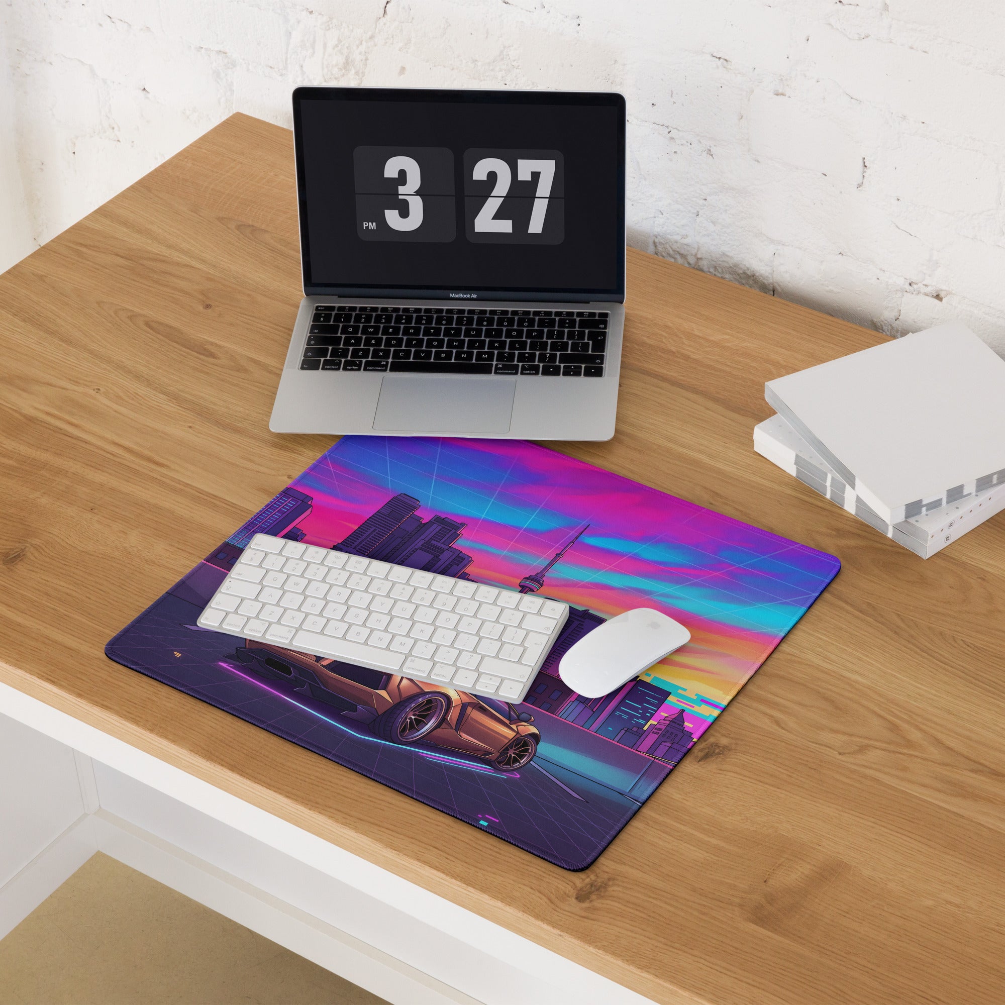 Lamborghini Aventador Widebody Inspired Bronze Vaporwave Gaming Mouse Pad – Neon Toronto Skyline Desk Mat, Retro Futuristic Synthwave Supercar Art