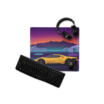 Ford GT Inspired Yellow Vaporwave Gaming Mouse Pad – Neon Cyber Grid Desk Mat, Retro Futuristic Mountain Sunset Supercar Digital Art