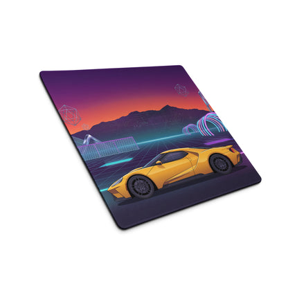 Ford GT Inspired Yellow Vaporwave Gaming Mouse Pad – Neon Cyber Grid Desk Mat, Retro Futuristic Mountain Sunset Supercar Digital Art