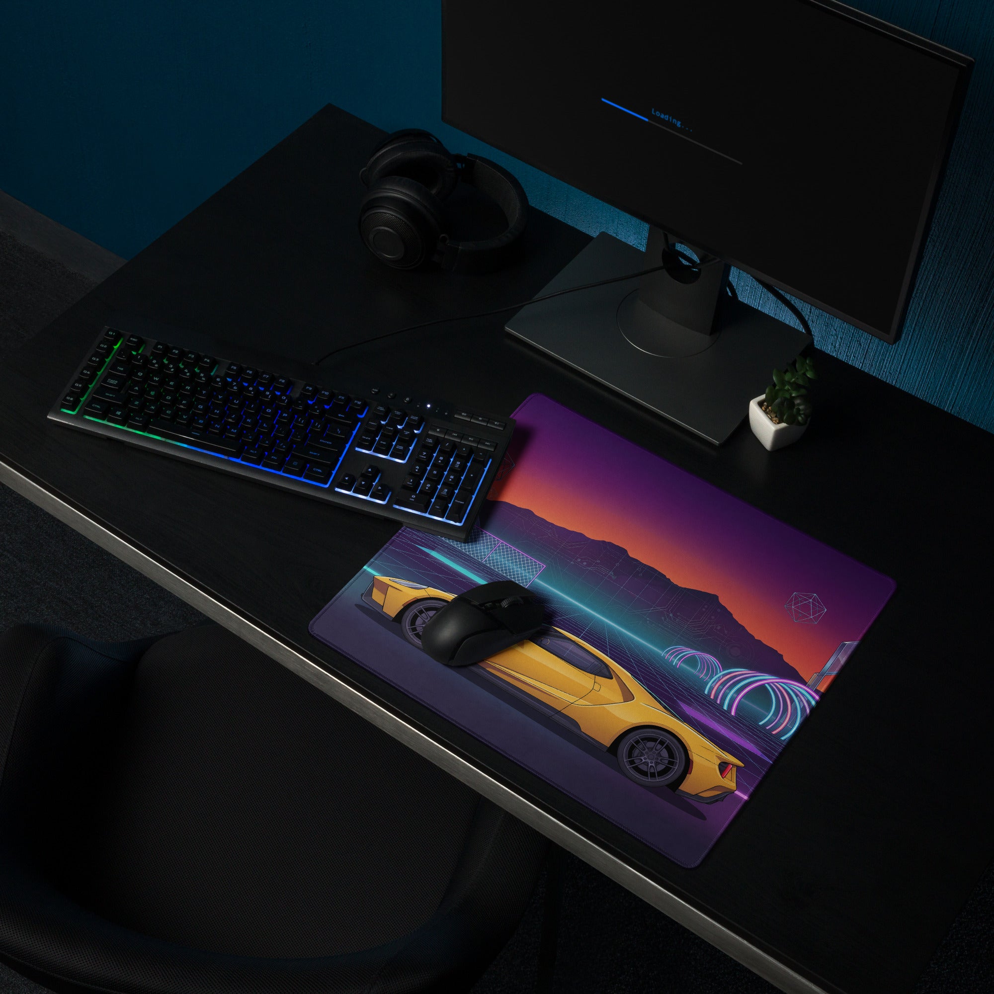 Ford GT Inspired Yellow Vaporwave Gaming Mouse Pad – Neon Cyber Grid Desk Mat, Retro Futuristic Mountain Sunset Supercar Digital Art