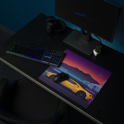 Ford GT Inspired Yellow Vaporwave Gaming Mouse Pad – Neon Cyber Grid Desk Mat, Retro Futuristic Mountain Sunset Supercar Digital Art