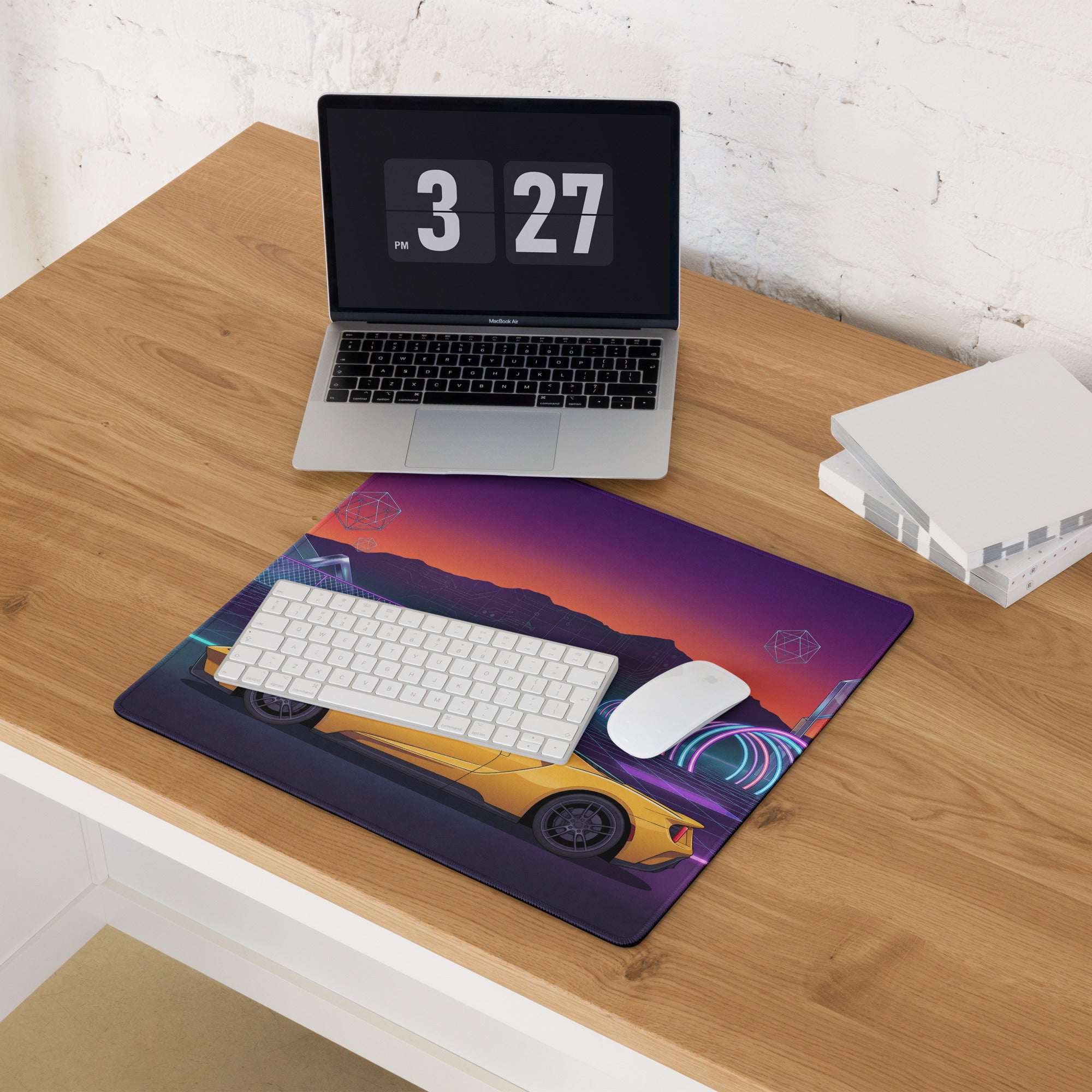 Ford GT Inspired Yellow Vaporwave Gaming Mouse Pad – Neon Cyber Grid Desk Mat, Retro Futuristic Mountain Sunset Supercar Digital Art