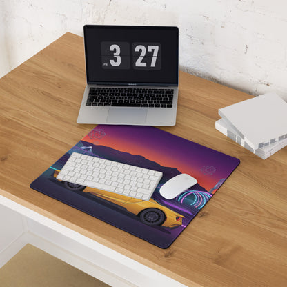 Ford GT Inspired Yellow Vaporwave Gaming Mouse Pad – Neon Cyber Grid Desk Mat, Retro Futuristic Mountain Sunset Supercar Digital Art