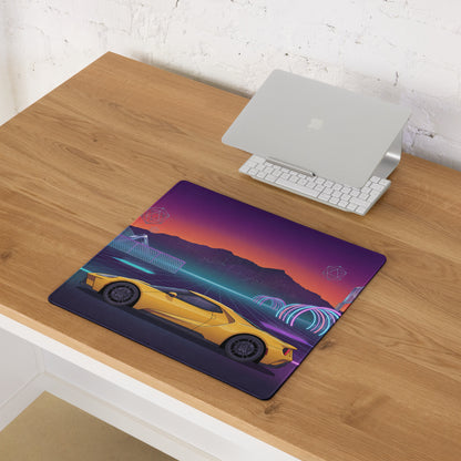 Ford GT Inspired Yellow Vaporwave Gaming Mouse Pad – Neon Cyber Grid Desk Mat, Retro Futuristic Mountain Sunset Supercar Digital Art