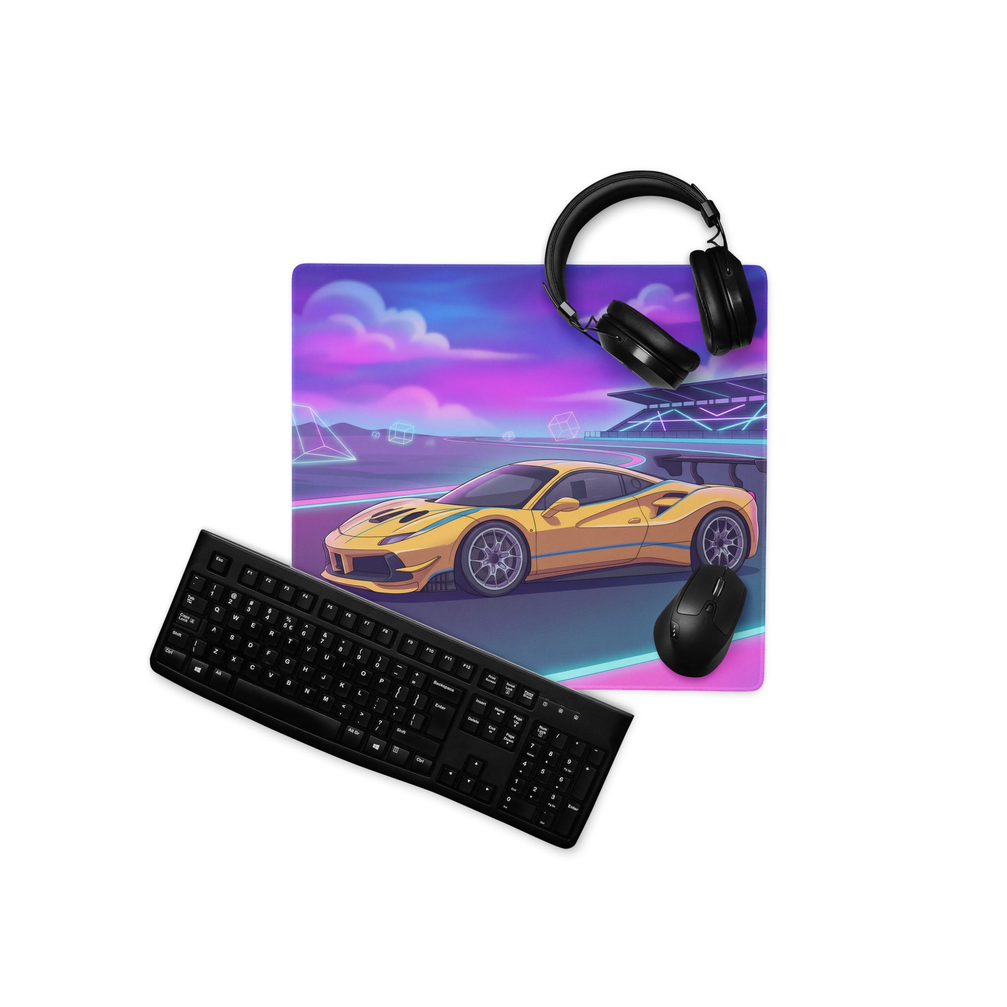 Ferrari 488 Challenge Evo Inspired Yellow Vaporwave Gaming Mouse Pad – Neon Racetrack Desk Mat, Retro Futuristic Synthwave Supercar Digital Art