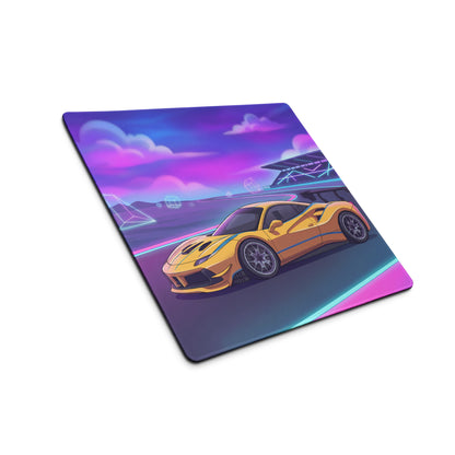 Ferrari 488 Challenge Evo Inspired Yellow Vaporwave Gaming Mouse Pad – Neon Racetrack Desk Mat, Retro Futuristic Synthwave Supercar Digital Art