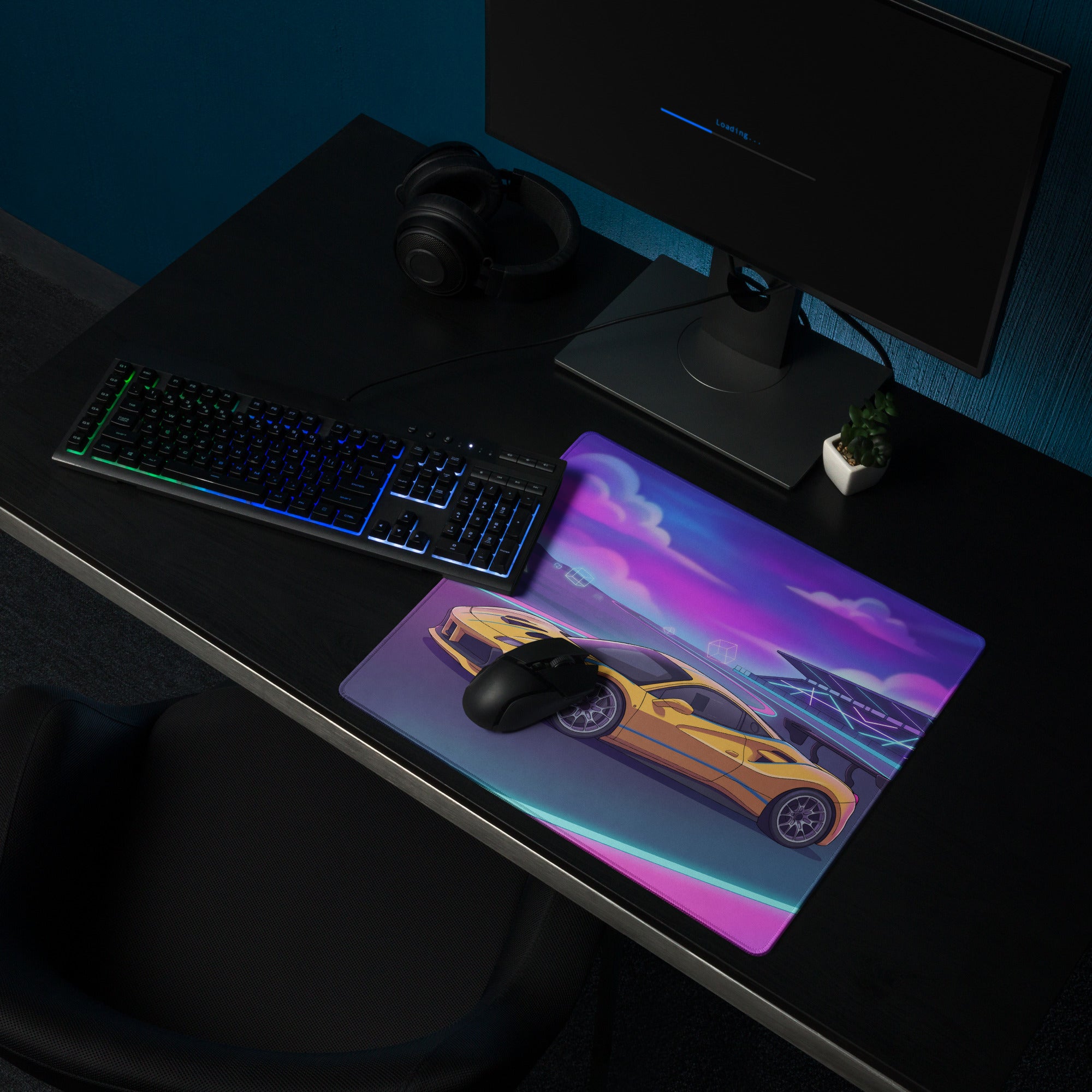 Ferrari 488 Challenge Evo Inspired Yellow Vaporwave Gaming Mouse Pad – Neon Racetrack Desk Mat, Retro Futuristic Synthwave Supercar Digital Art