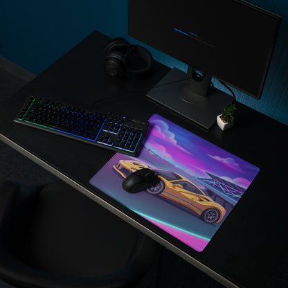 Ferrari 488 Challenge Evo Inspired Yellow Vaporwave Gaming Mouse Pad – Neon Racetrack Desk Mat, Retro Futuristic Synthwave Supercar Digital Art