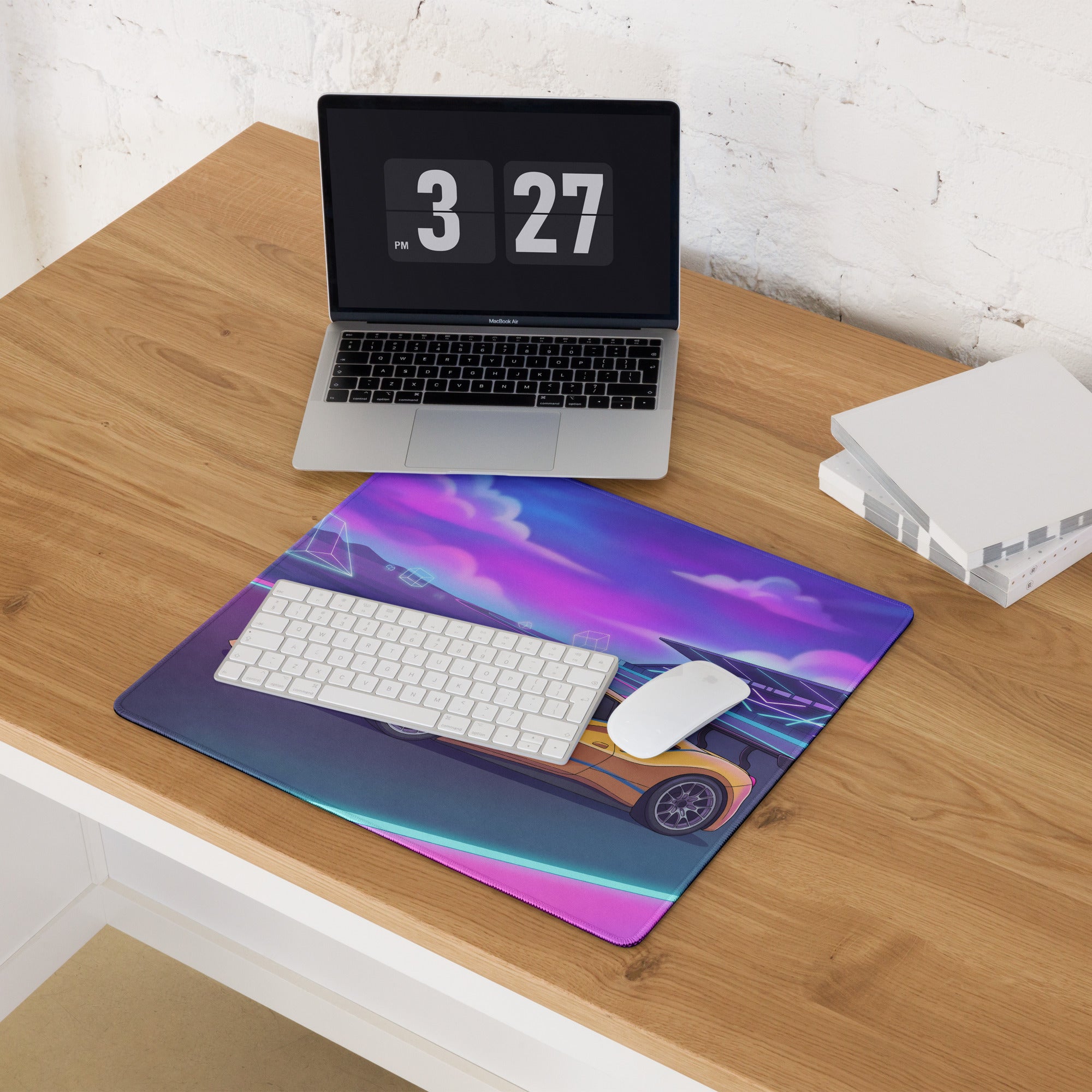 Ferrari 488 Challenge Evo Inspired Yellow Vaporwave Gaming Mouse Pad – Neon Racetrack Desk Mat, Retro Futuristic Synthwave Supercar Digital Art