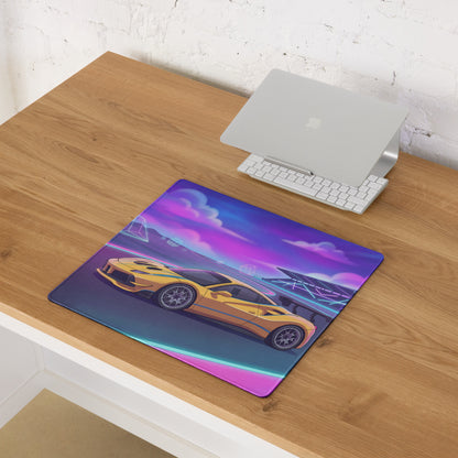 Ferrari 488 Challenge Evo Inspired Yellow Vaporwave Gaming Mouse Pad – Neon Racetrack Desk Mat, Retro Futuristic Synthwave Supercar Digital Art