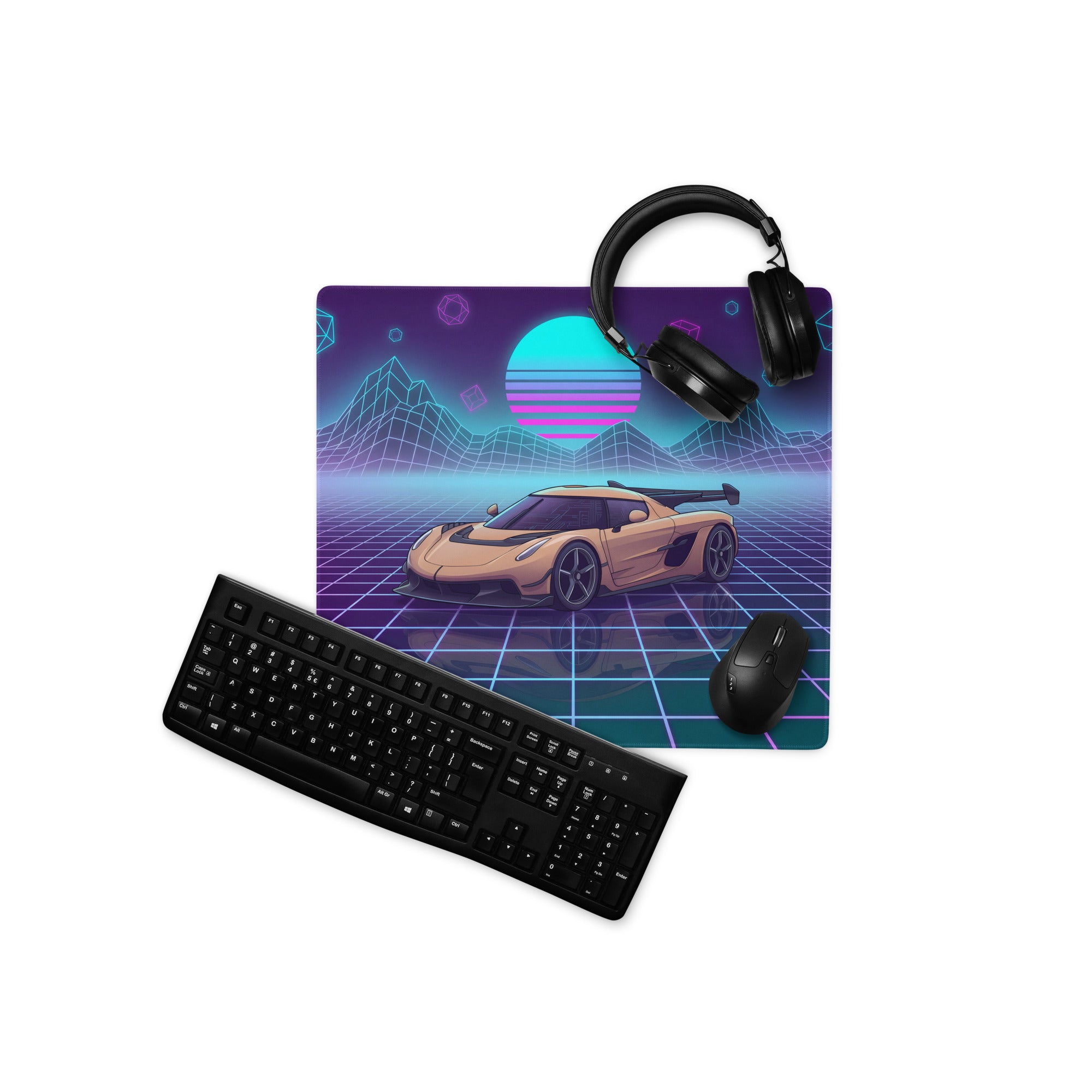 Koenigsegg Jesko Inspired Champagne Vaporwave Gaming Mouse Pad – Neon Grid Mountain Desk Mat, Retro Futuristic Synthwave Hypercar Digital Art