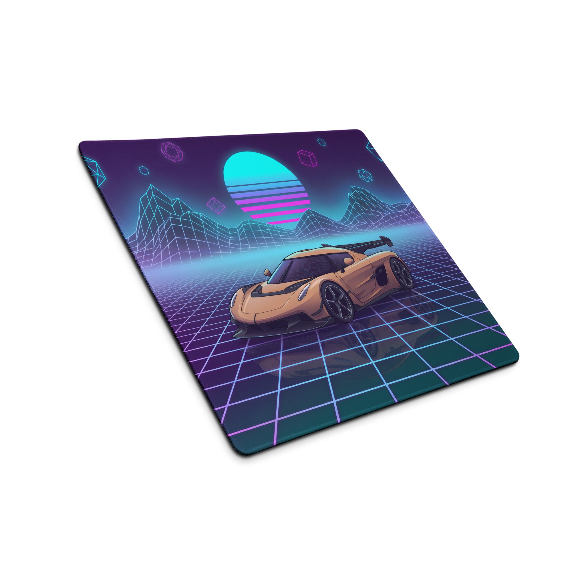 Koenigsegg Jesko Inspired Champagne Vaporwave Gaming Mouse Pad – Neon Grid Mountain Desk Mat, Retro Futuristic Synthwave Hypercar Digital Art