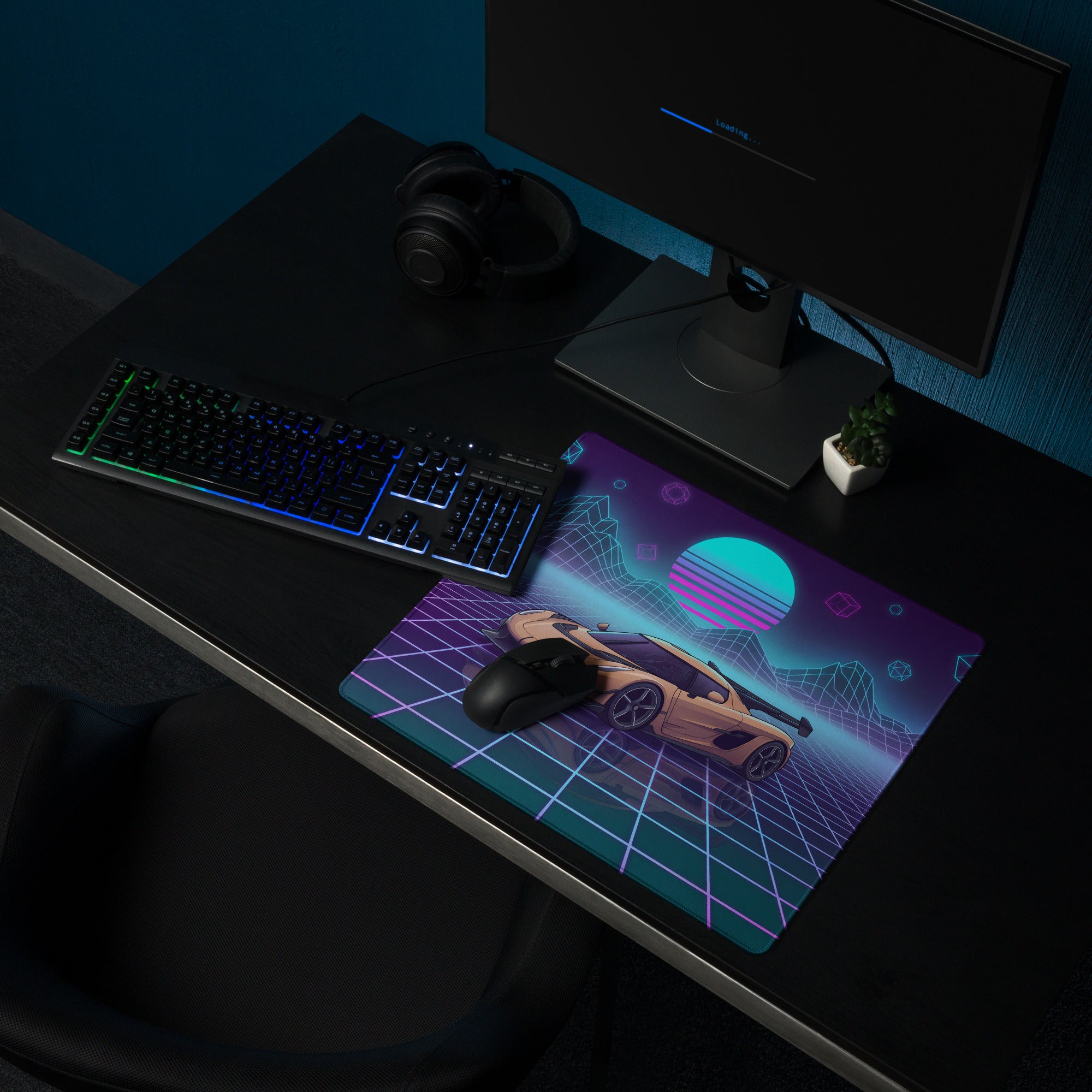 Koenigsegg Jesko Inspired Champagne Vaporwave Gaming Mouse Pad – Neon Grid Mountain Desk Mat, Retro Futuristic Synthwave Hypercar Digital Art