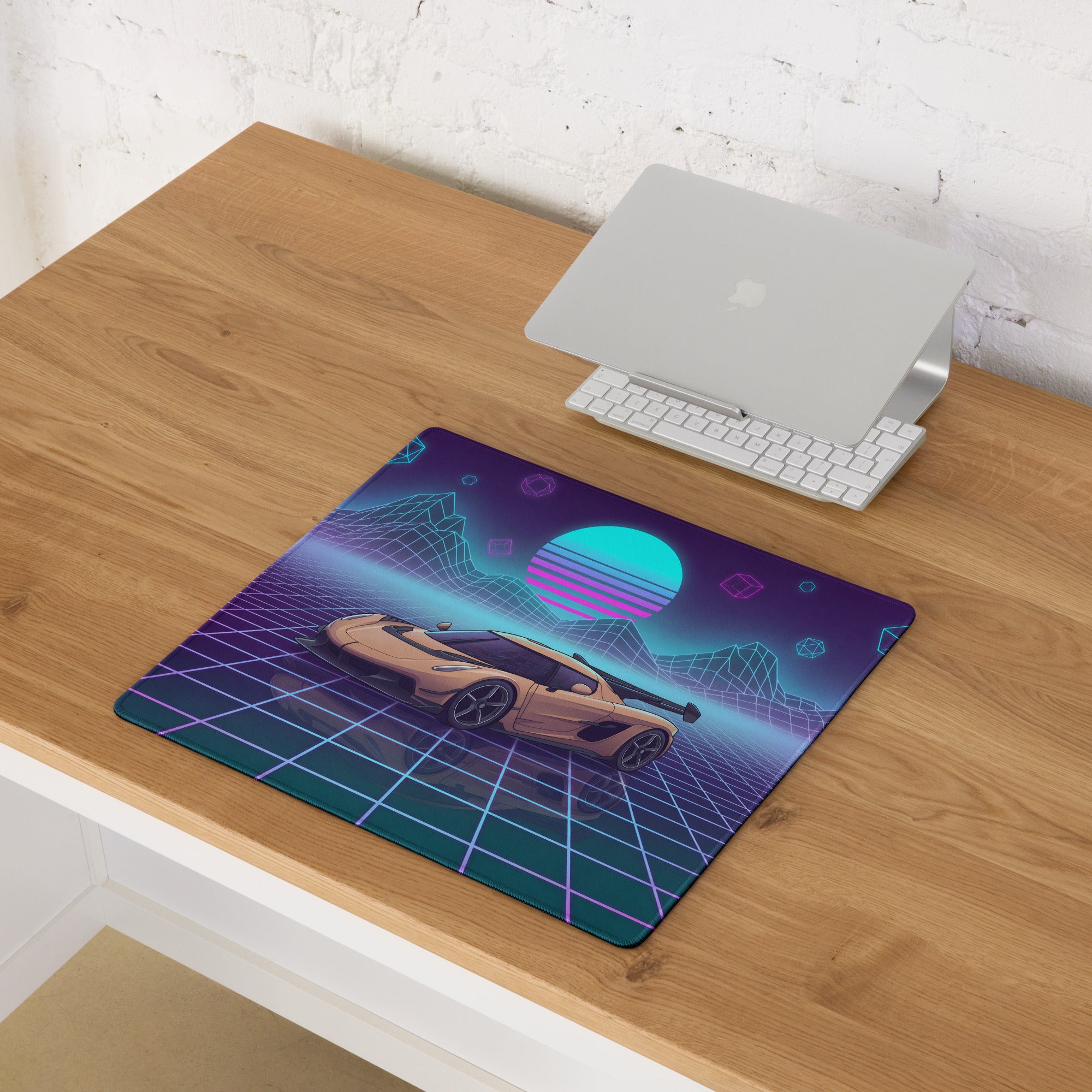 Koenigsegg Jesko Inspired Champagne Vaporwave Gaming Mouse Pad – Neon Grid Mountain Desk Mat, Retro Futuristic Synthwave Hypercar Digital Art