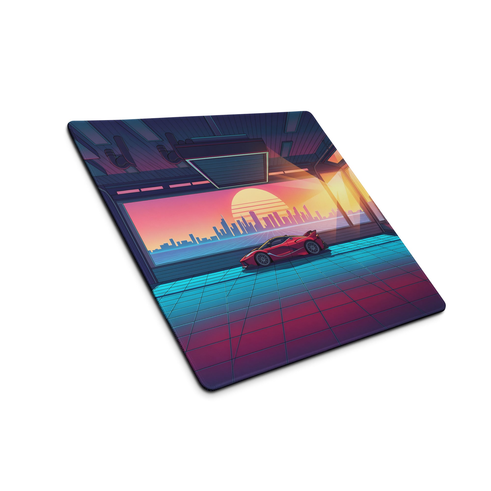 Ferrari FXX-K Evo Inspired Red Vaporwave Gaming Mouse Pad – Neon Sunset Garage Desk Mat, Retro Futuristic Synthwave Hypercar Digital Art