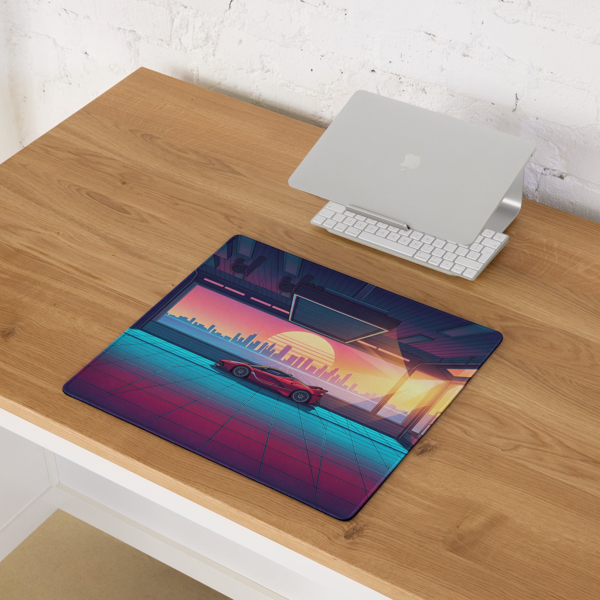 Ferrari FXX-K Evo Inspired Red Vaporwave Gaming Mouse Pad – Neon Sunset Garage Desk Mat, Retro Futuristic Synthwave Hypercar Digital Art