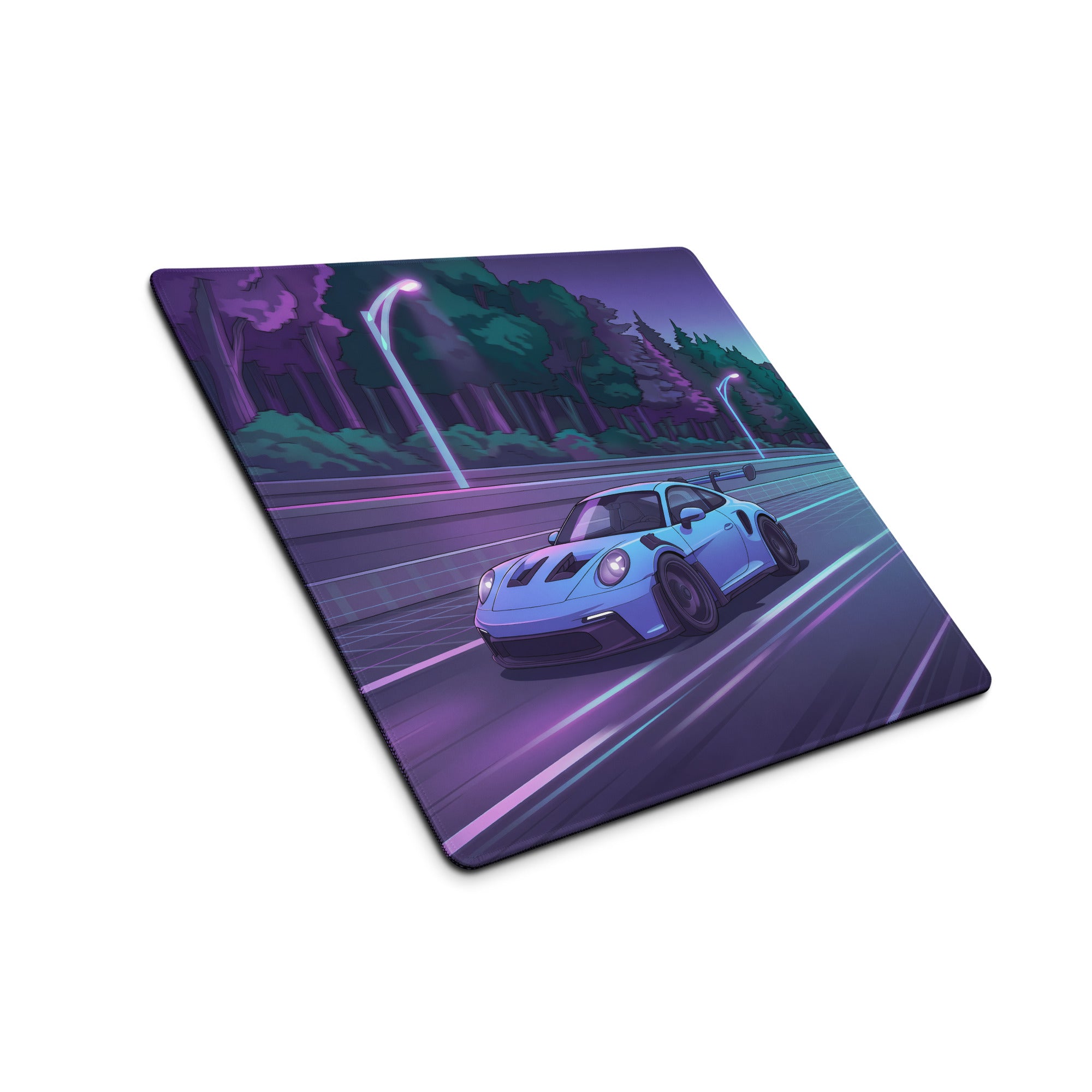 Porsche 911 GT3 RS Inspired Ice Blue Vaporwave Gaming Mouse Pad – Neon Forest Highway Desk Mat, Retro Futuristic Synthwave Sports Car Digital Art