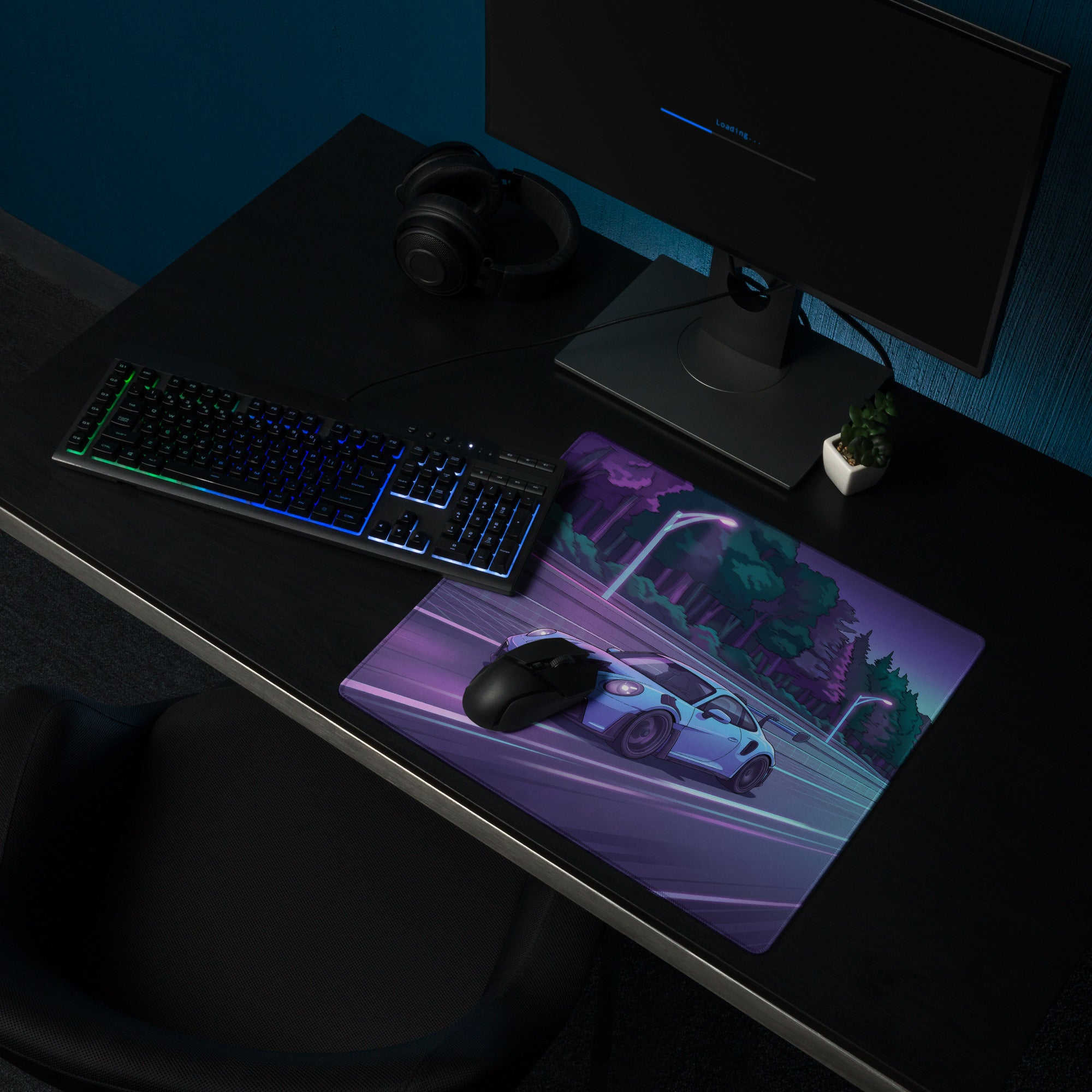 Porsche 911 GT3 RS Inspired Ice Blue Vaporwave Gaming Mouse Pad – Neon Forest Highway Desk Mat, Retro Futuristic Synthwave Sports Car Digital Art