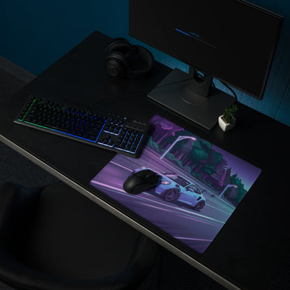 Porsche 911 GT3 RS Inspired Ice Blue Vaporwave Gaming Mouse Pad – Neon Forest Highway Desk Mat, Retro Futuristic Synthwave Sports Car Digital Art