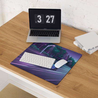 Porsche 911 GT3 RS Inspired Ice Blue Vaporwave Gaming Mouse Pad – Neon Forest Highway Desk Mat, Retro Futuristic Synthwave Sports Car Digital Art
