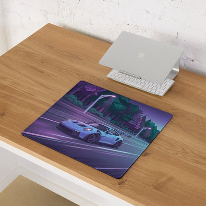 Porsche 911 GT3 RS Inspired Ice Blue Vaporwave Gaming Mouse Pad – Neon Forest Highway Desk Mat, Retro Futuristic Synthwave Sports Car Digital Art