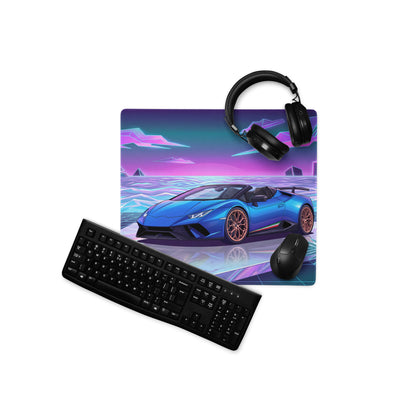Lamborghini Huracán Performante Spyder Inspired Blue Vaporwave Gaming Mouse Pad – Neon Tropical Ocean Desk Mat, Retro Futuristic Synthwave Supercar Art