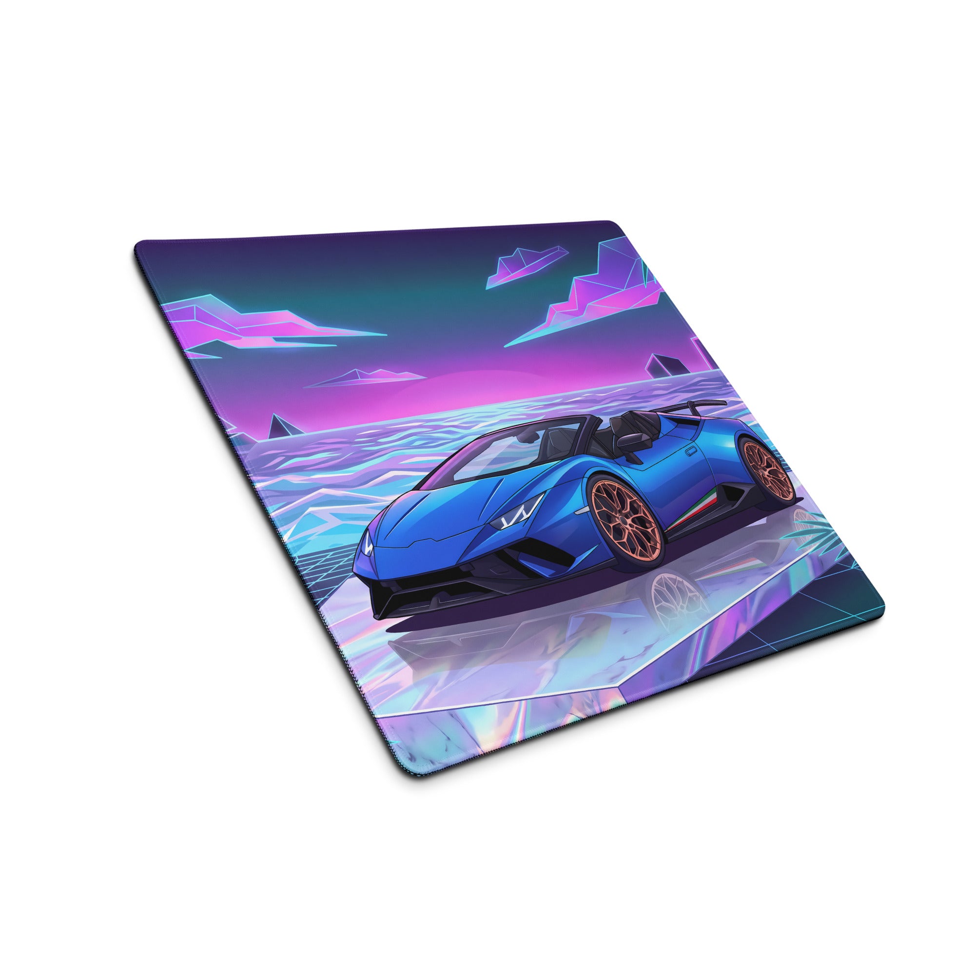 Lamborghini Huracán Performante Spyder Inspired Blue Vaporwave Gaming Mouse Pad – Neon Tropical Ocean Desk Mat, Retro Futuristic Synthwave Supercar Art